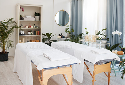 Buy stock photo Spa, bed and wellness salon for treatment or luxury resort bed or vacation and relaxation room. Massage, zen and hospitality furniture or expensive therapy or stress relief place and white towels 