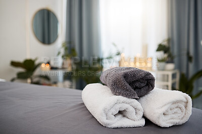 Buy stock photo Towel, bed and spa background for wellness, luxury and health industry with candle bokeh for calm or peace. Massage, hotel and room for holiday or vacation, interior design and hospitality services