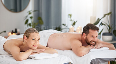 Buy stock photo Love, relax and massage with a couple in spa for wellness treatment at a luxury resort on vacation. Bed, zen and beauty therapy or romantic partners or customers and wait for masseuse on holiday