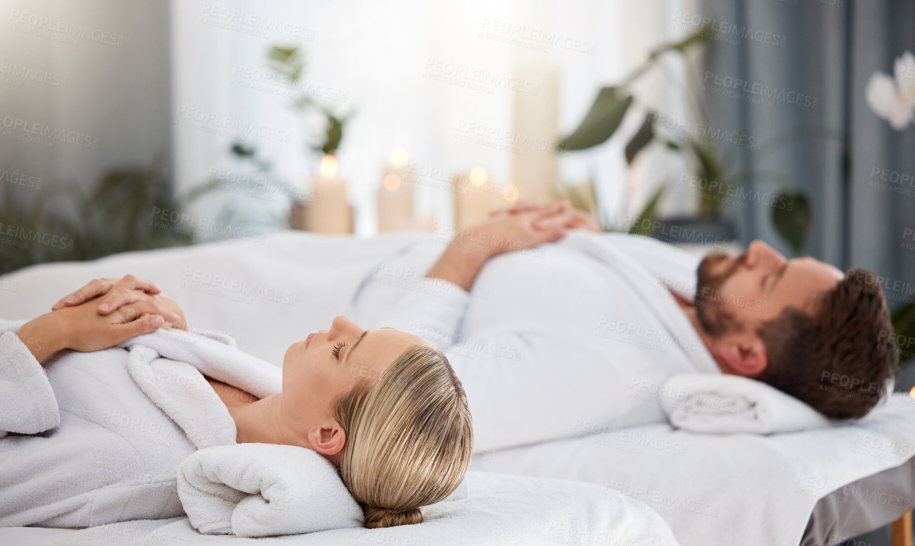Buy stock photo Couple, sleeping and relax together in spa with wellness, zen health and vacation break. Man, woman and calm nap after treatment in luxury salon for self care, peace and holiday bonding in Thailand