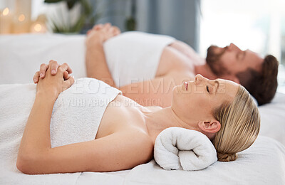 Buy stock photo Holiday, couple and spa for massage, relax and wellness with weekend break, stress relief and calm. People, man and woman with vacation, beauty salon and time together with luxury and hospitality