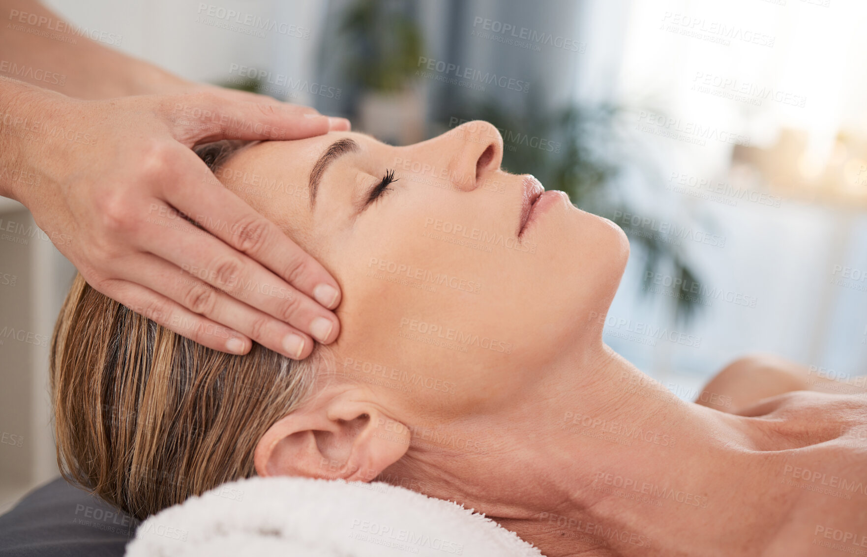 Buy stock photo Beauty, spa and woman with cosmetics, massage and pamper treatment, wellness and grooming for stress relief. Female person, mature lady and customer with luxury, body care or relax with peace or calm