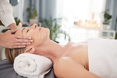 Buy stock photo Beauty, spa and woman with massage, body care and stress relief for wellness, calm and peace at a resort. Mature female person, customer and lady with skincare, zen and relax with health and beauty