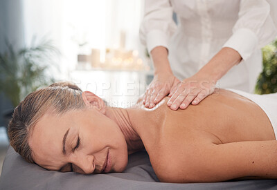 Buy stock photo Spa, hand of masseuse and woman with massage for treatment, pamper or stress relief on bed. Body, relax and person with mature client for back therapy, muscle tension or natural healing at resort