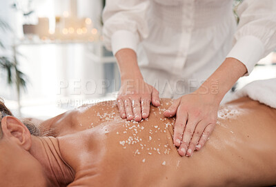 Buy stock photo Spa, hands and person with salt for skincare, exfoliation and wellness for skin massage with relax. Beauty salon, client and masseuse for customer service, hospitality and scrub for retreat therapy