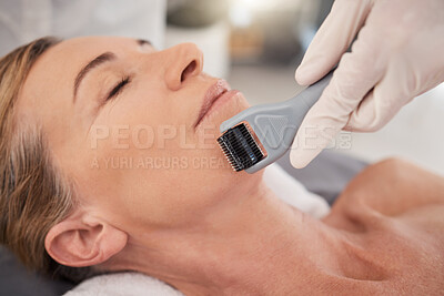 Buy stock photo Spa, relax and woman with derma roller for dermatology, skincare and mesotherapy treatment for anti aging benefits. Cosmetics, facial and client at beauty salon for microneedling skin process on face