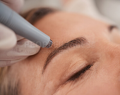 Buy stock photo Microblading, eyebrow and woman for beauty, skincare and cosmetics with collagen treatment or wellness. Customer, people or dermatology worker hands with microneedling, hair or face permanent makeup