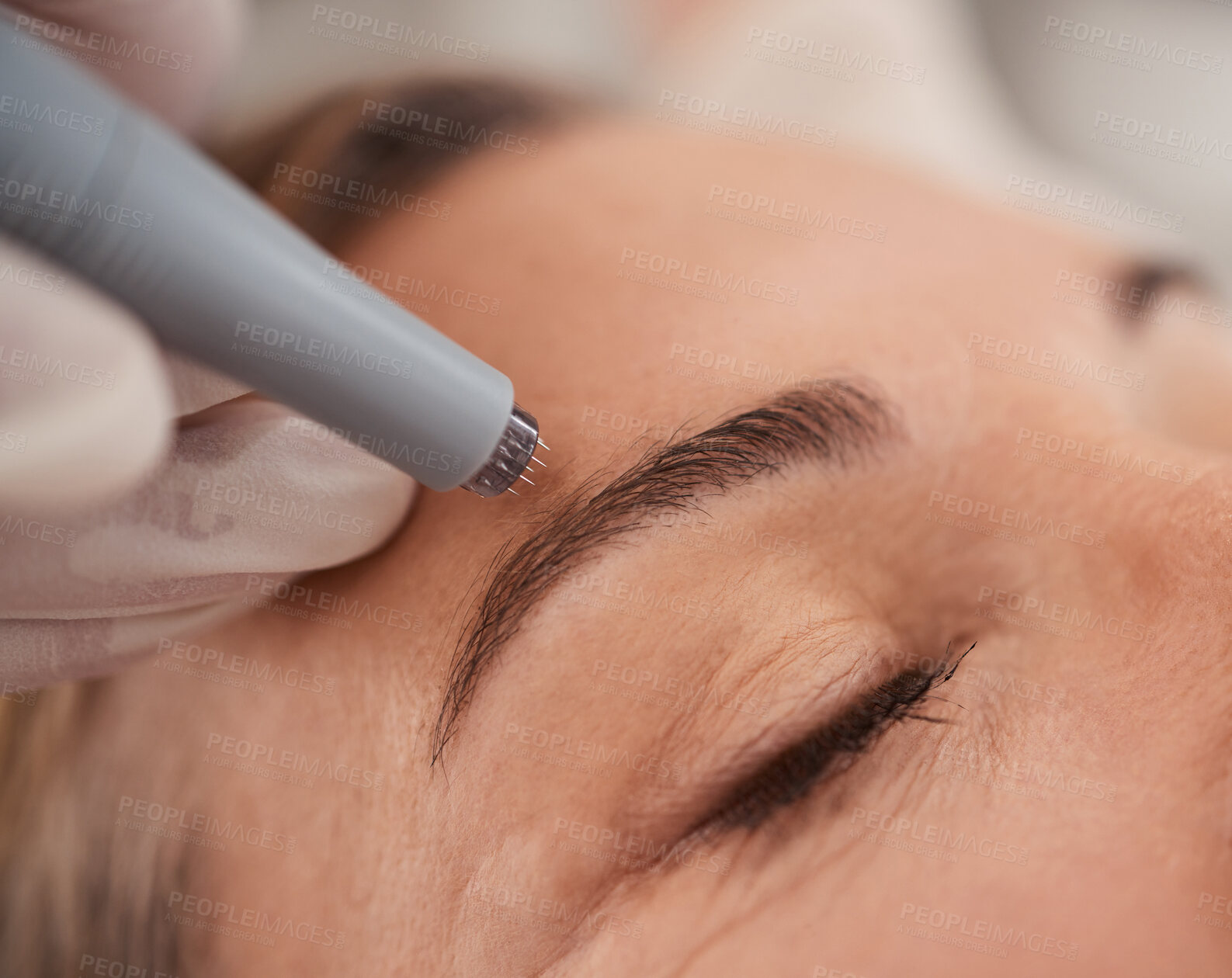 Buy stock photo Microblading, eyebrow and woman for beauty, skincare and cosmetics with collagen treatment or wellness. Customer, people or dermatology worker hands with microneedling, hair or face permanent makeup