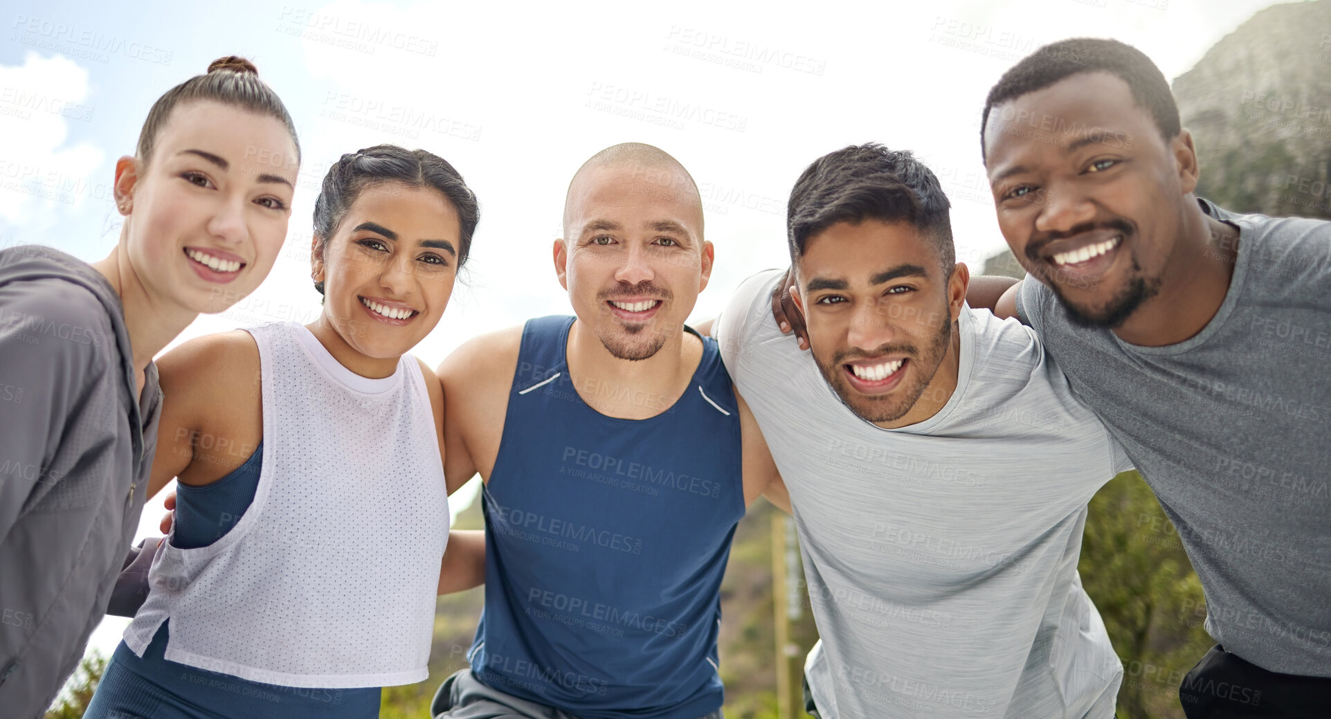 Buy stock photo Happy, friends and athlete huddle at park, together and bonding after physical activity and wellness. Outdoor, people and solidarity for fitness in morning, portrait and connection with team on break