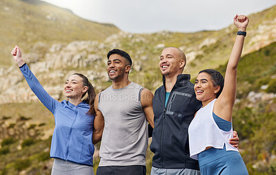 Buy stock photo Shot of a group of sporty young people cheering while exercising outdoors