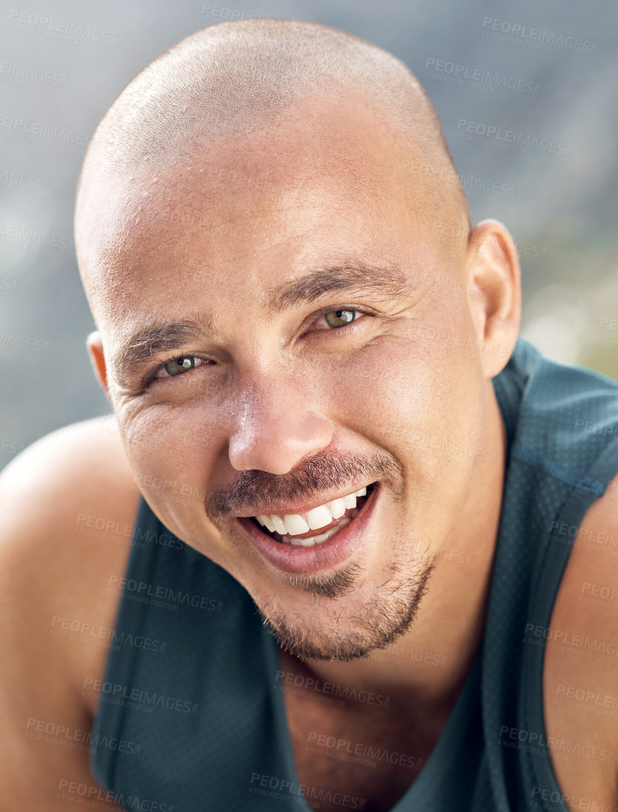 Buy stock photo Portrait, exercise and man in nature to rest for training, fitness routine and breathe on mountain. Sports, happy and person with smile, break and relax for wellness, health and active outdoor