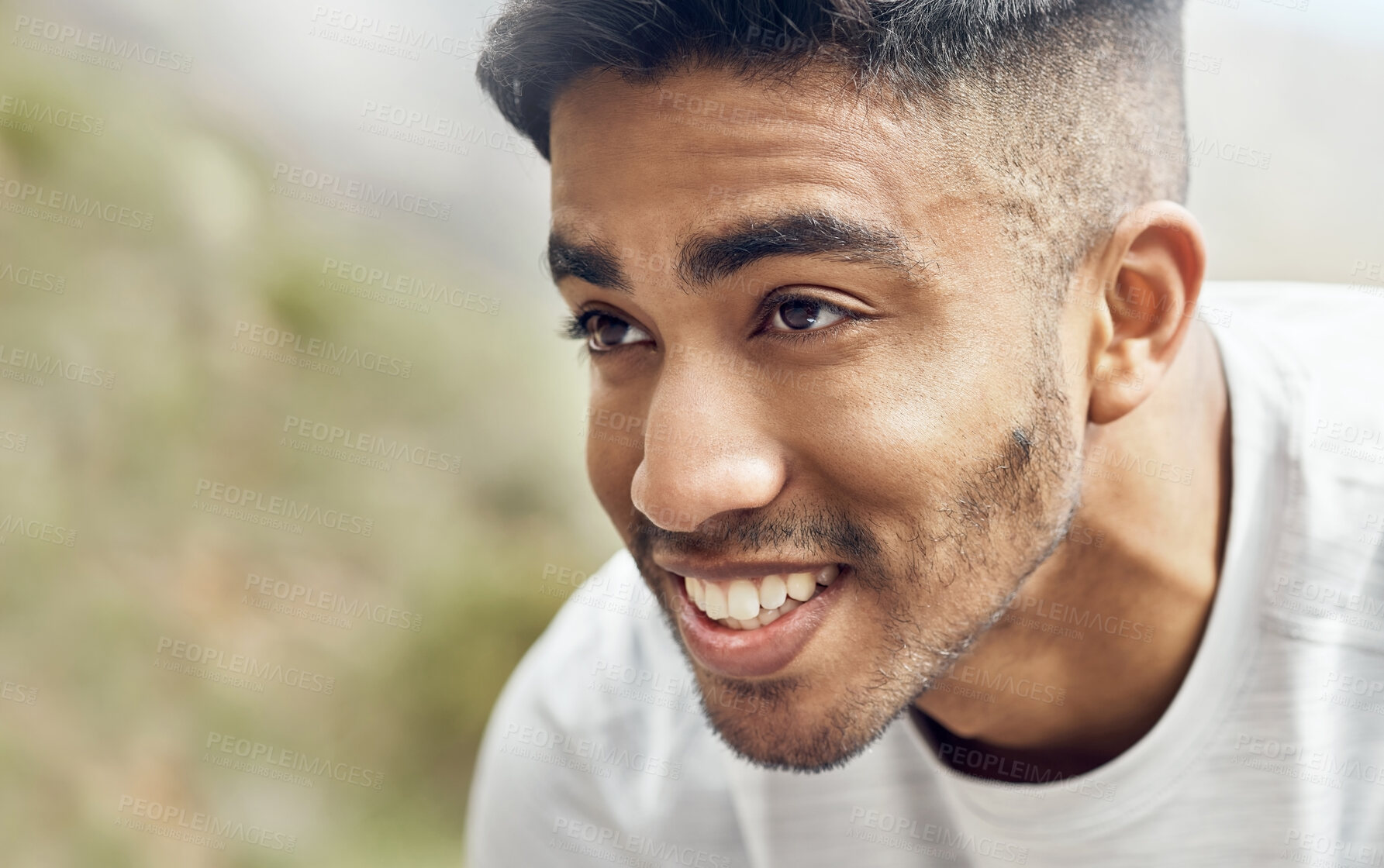 Buy stock photo Closeup shot of a man smiling during his workout