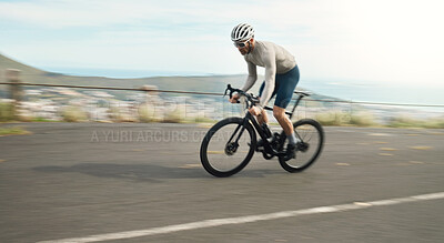 Buy stock photo Full length shot of a handsome mature man cycling outdoors