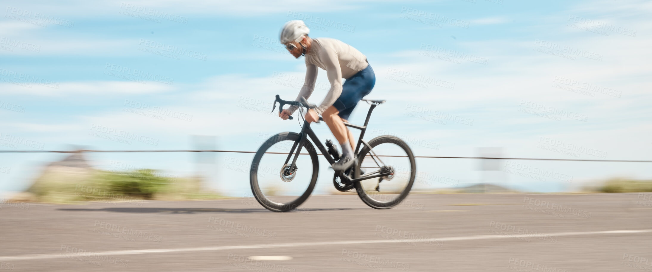 Buy stock photo Full length shot of a handsome mature man cycling outdoors