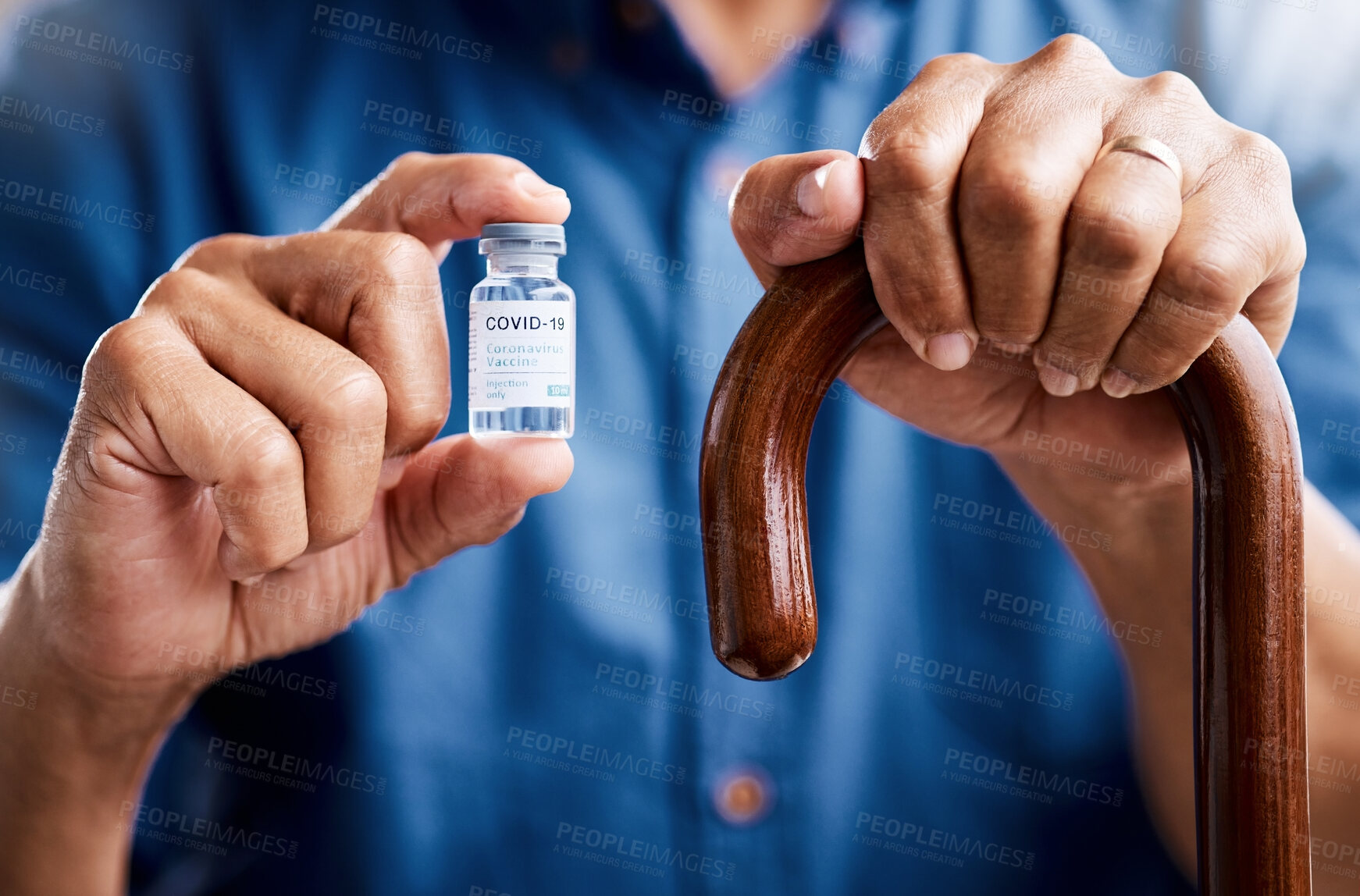 Buy stock photo Hands, cane and old person with vaccine vial for safety, virus prevention and protection at home. Covid immunization, walking stick and medical healthcare, wellness or show medicine in retirement