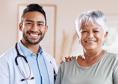 Buy stock photo Portrait, happy doctor and senior woman for healthcare, retirement wellness and hospital service. Smile, face and Biracial elderly patient with medical professional, worker or asian person for health