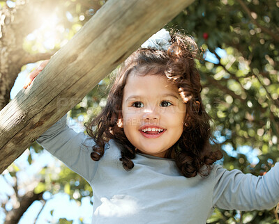 Buy stock photo Child, happy and cheerful in playground, backyard or park for fun, joy and development as toddler. Girl, kid and positive in outdoor with growth, learning and physical activity for learning as youth