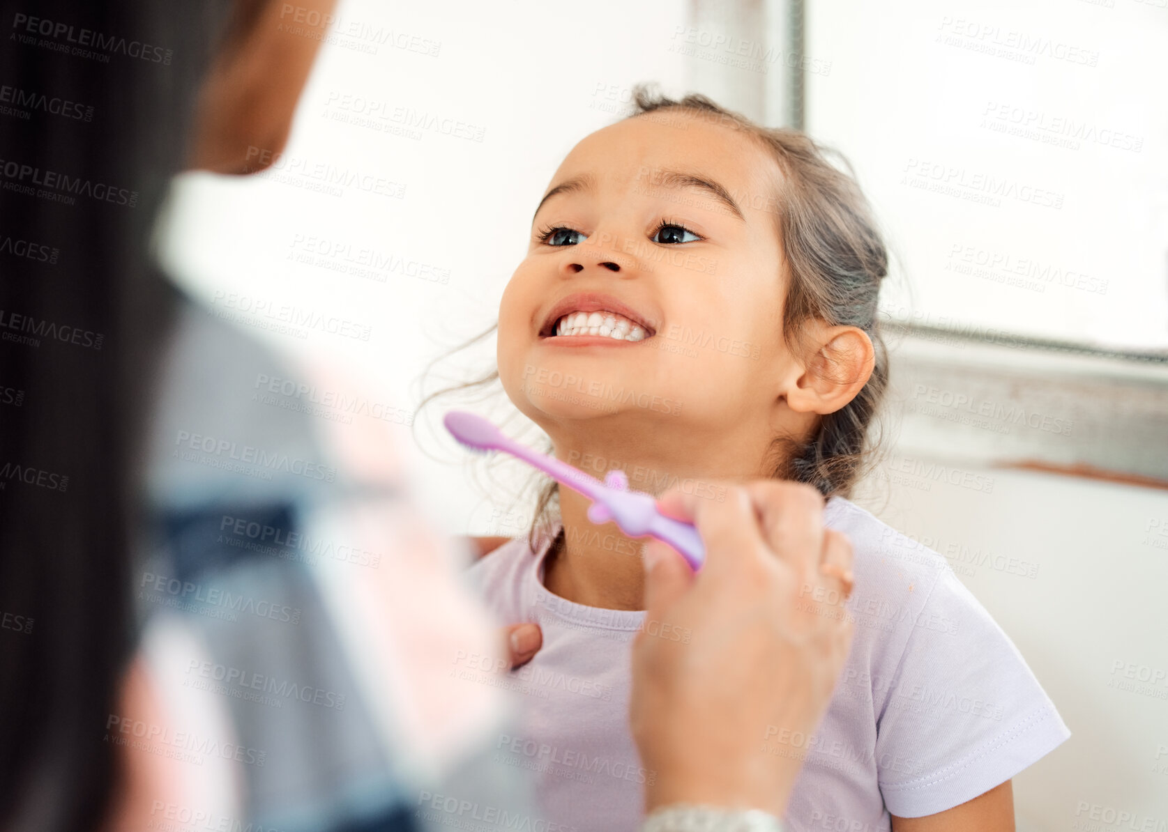 Buy stock photo Brushing teeth, love and smile of mother and daughter in bathroom of home for hygiene together. Cleaning, dental or teeth with single parent woman and girl child in apartment for morning routine