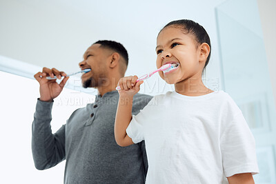 Buy stock photo Love, girl and father brushing teeth, dental care and wellness with fresh breath, learning and development. Family, dad or daughter in a bathroom, home and oral health with female child with hygiene
