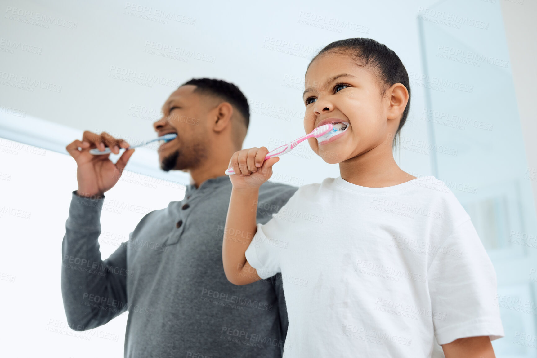 Buy stock photo Love, girl and father brushing teeth, dental care and wellness with fresh breath, learning and development. Family, dad or daughter in a bathroom, home and oral health with female child with hygiene