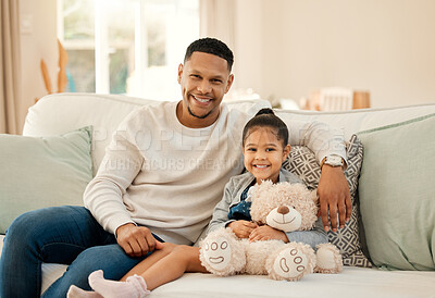 Buy stock photo Teddy bear, child and dad in home for portrait, happy and affection in living room. Father, girl and toy on sofa for love, trust or appreciation for new gift with relationship development or support