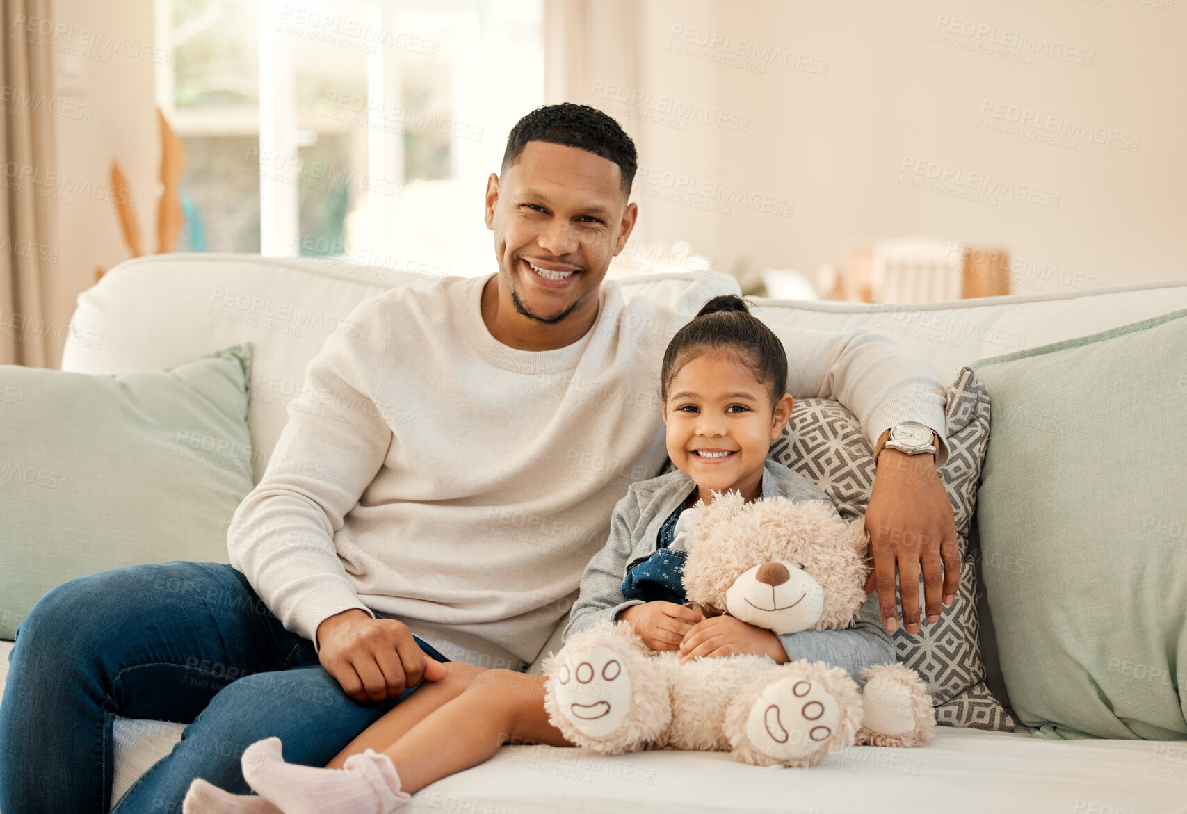 Buy stock photo Teddy bear, child and dad in home for portrait, happy and affection in living room. Father, girl and toy on sofa for love, trust or appreciation for new gift with relationship development or support