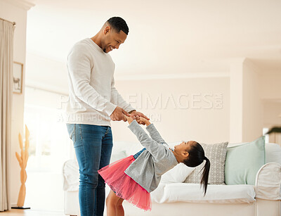 Buy stock photo Father, dancing and girl with support at house for teaching moves, ballet lesson and energy of fantasy performance. Happy, family and man with child holding hands for talent, playful bonding and love