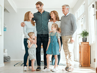 Buy stock photo Big family, smile and grandparents with parents and kids in home for bonding, love and care. Generations, mother and father with happy children for support, relationship and connection with people