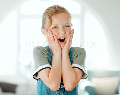 Buy stock photo Girl, child and shock with portrait in home for unexpected news, announcement and hands on face for wow. Female kid, surprise and mouth open in living room with expression for gossip and secret.