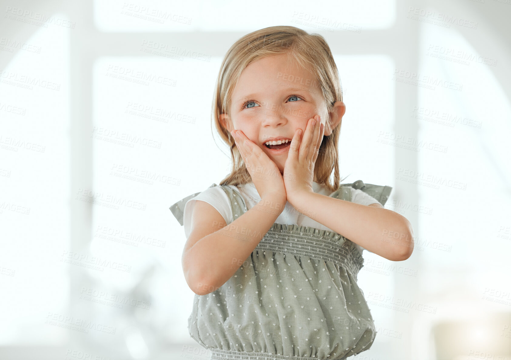 Buy stock photo Girl, child thinking and hands in home, curiosity and imagine or mind development in lounge. Female person, kid contemplating future and smile for choice or decision, planning and ideas for growth