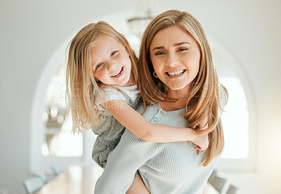 Buy stock photo Portrait, mother and daughter for lounge piggyback, support and carrying games for fun in home. Mama, girl and Canada family for love or playing together on weekend, bonding and parent for care