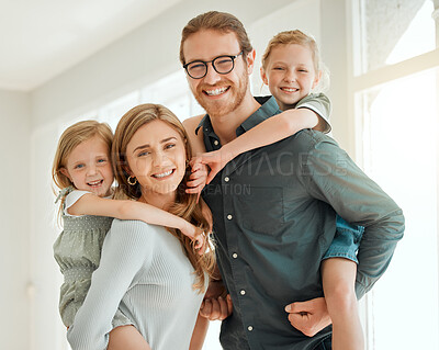 Buy stock photo Happy family, portrait and parents piggyback children in home for hug, love or care for sisters together. Face, mother and father carrying kids for support, relationship and connection with people