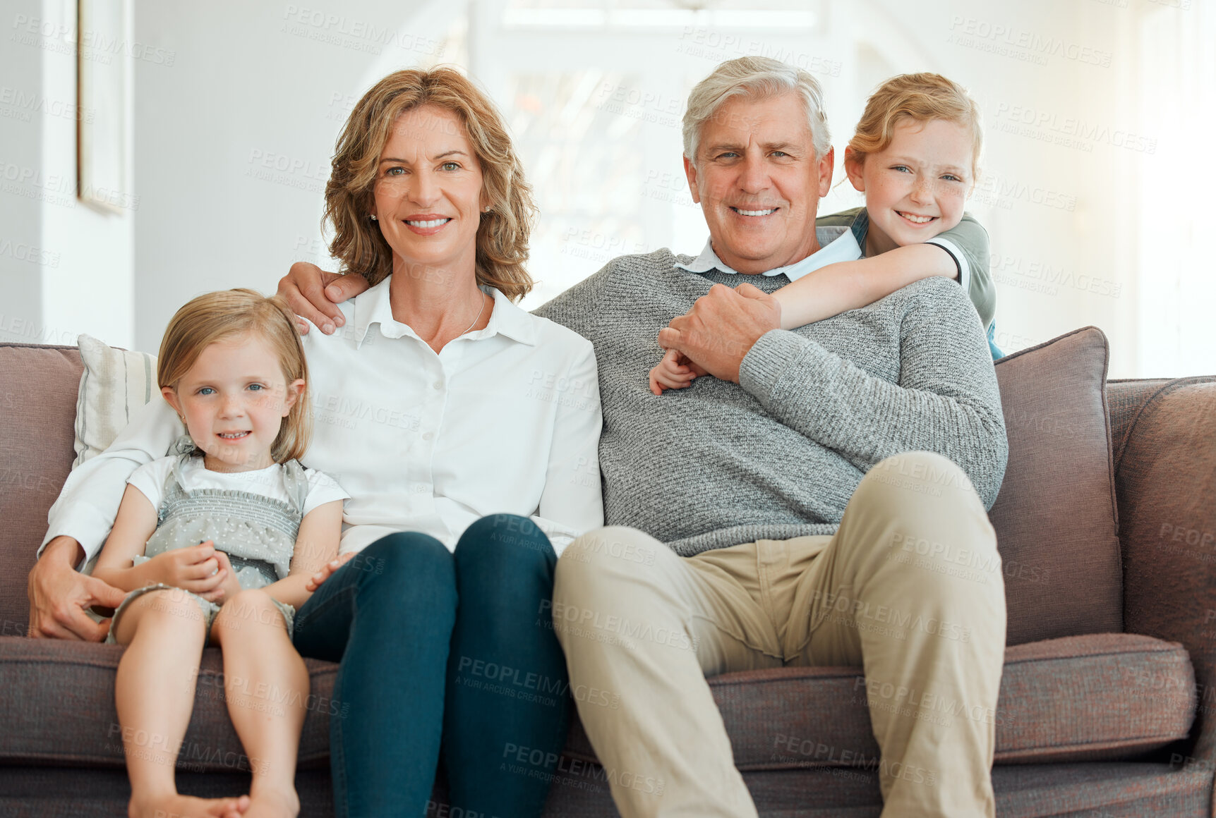 Buy stock photo Grandfather, portrait and happy kids with grandma in home for love, care or sisters bonding together. Smile, grandparents and children on sofa for support, generations and family with girls in lounge