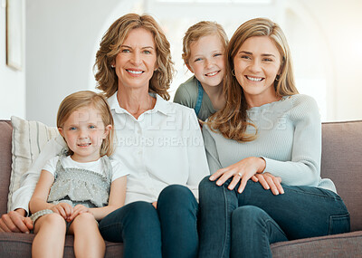 Buy stock photo Shot of two adorable little girls bonding with their mother and grandmother at home