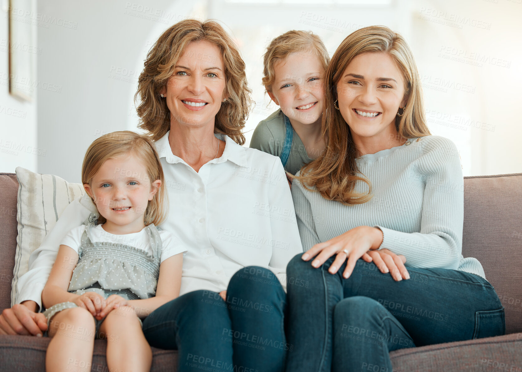 Buy stock photo Happy mother, portrait and kids with grandmother in home for love, care or daughters bonding together. Mom, grandma and children on sofa for support, generations and family with girls in living room