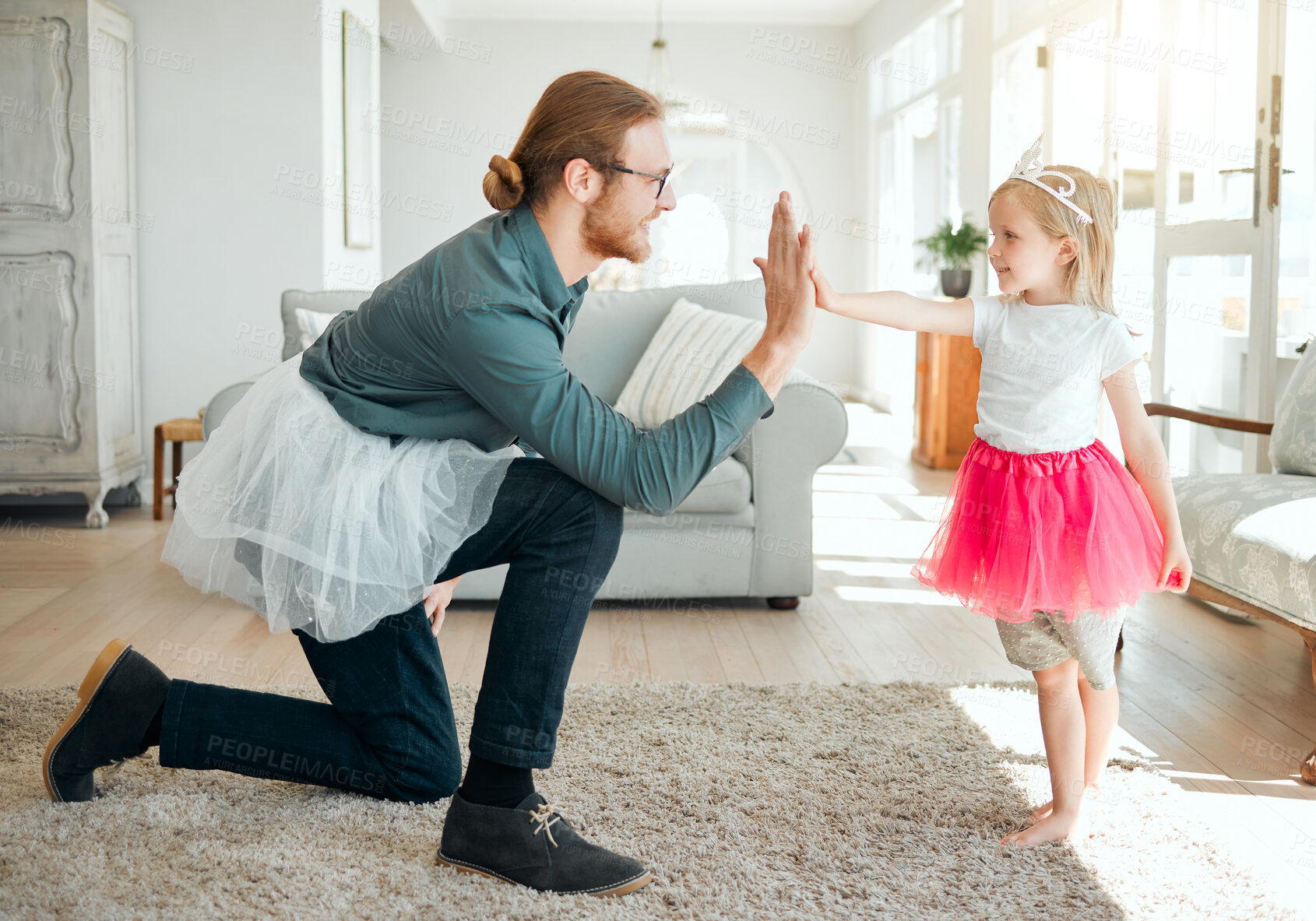 Buy stock photo High five, girl and dancing with dad in living room for childhood fun, playful and bonding with growth or development. Female kid, father and hand gesture for well done on learning routine in home.