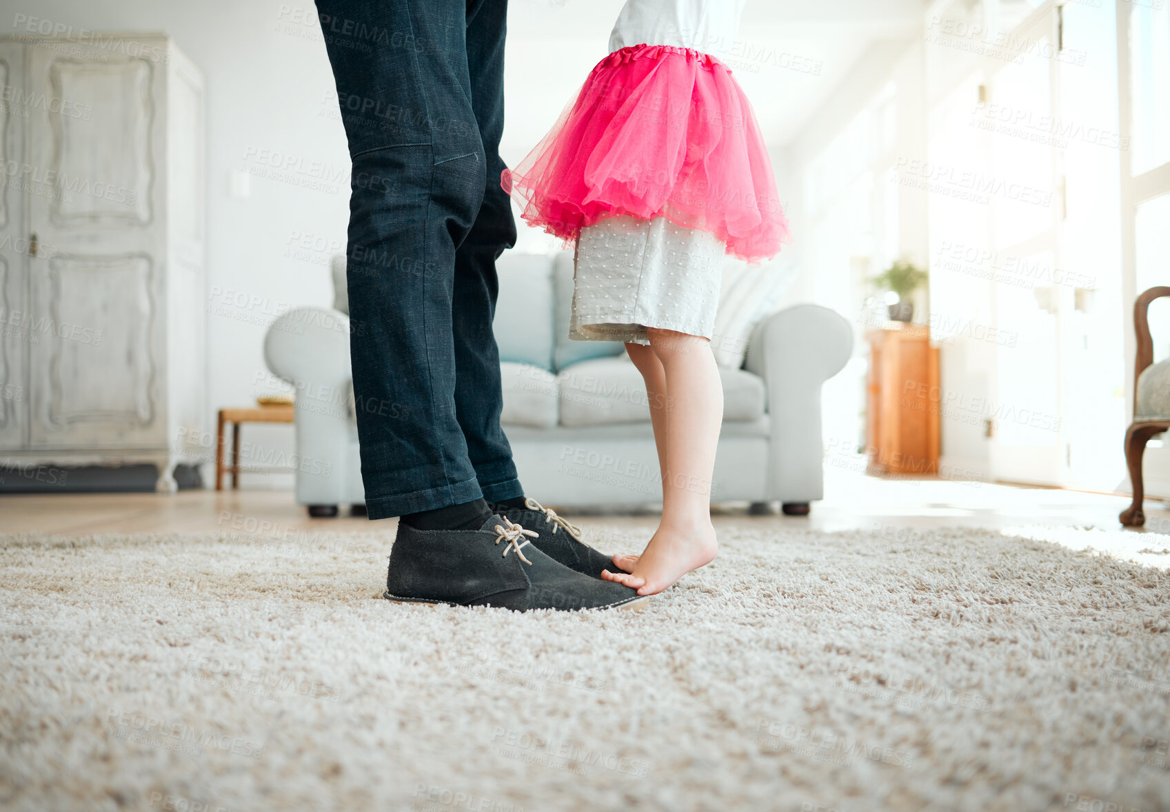 Buy stock photo Family, feet and dancing on toes in home with parent, child and fun with love, care and balance. Living room, playing and support with people, bonding and ballerina game with creativity development