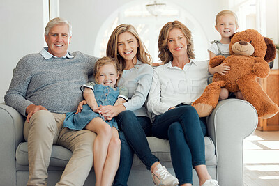 Buy stock photo Portrait of a family with their grandparents bonding together at home