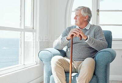 Buy stock photo Senior man, thinking and window with cane for memory, Alzheimers or reflection on pass events at old age home. Elderly male person, pensioner or retirement with stick on chair in wonder for daydream