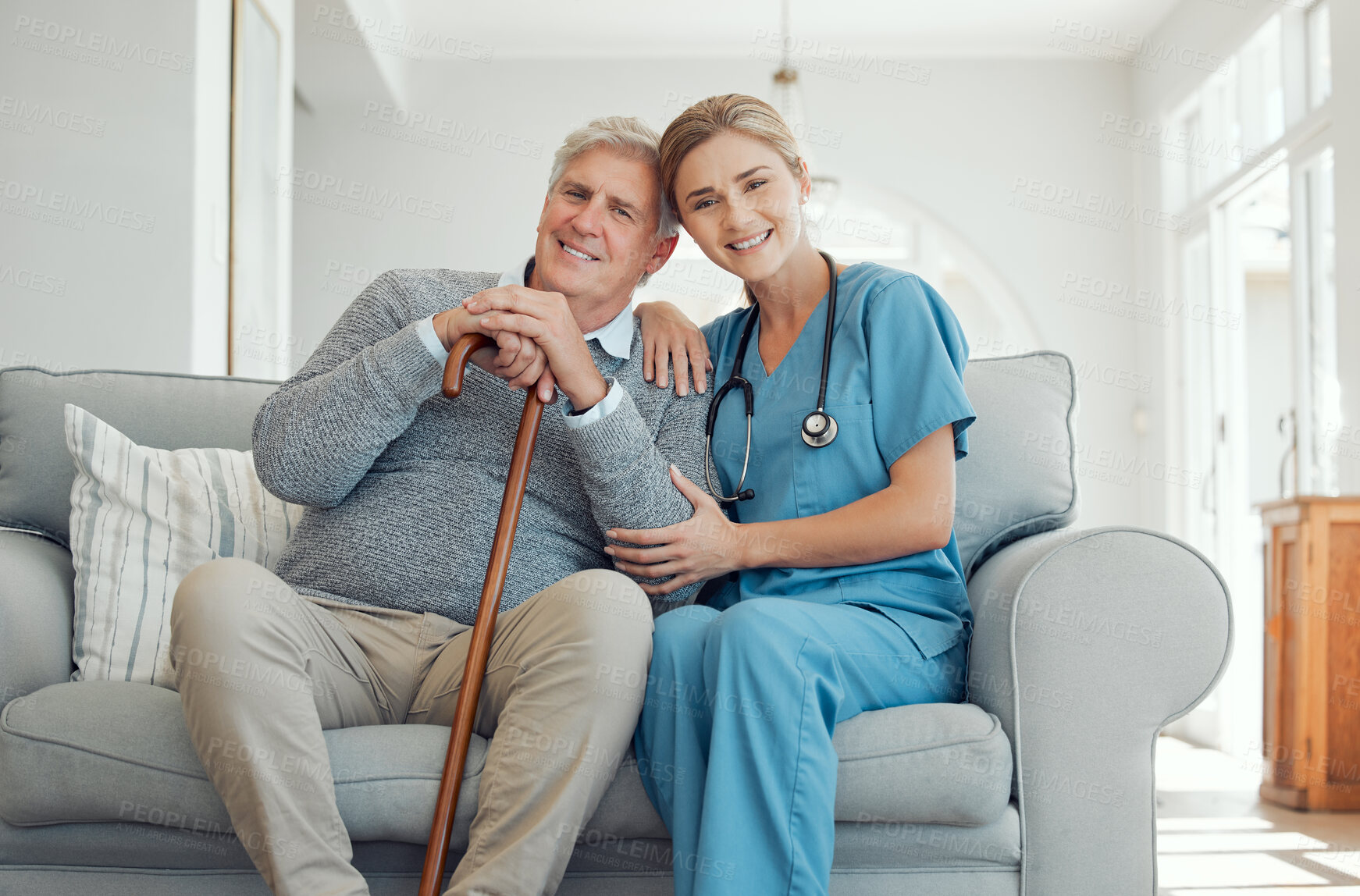 Buy stock photo Shot of a doctor and patient during a checkup at home