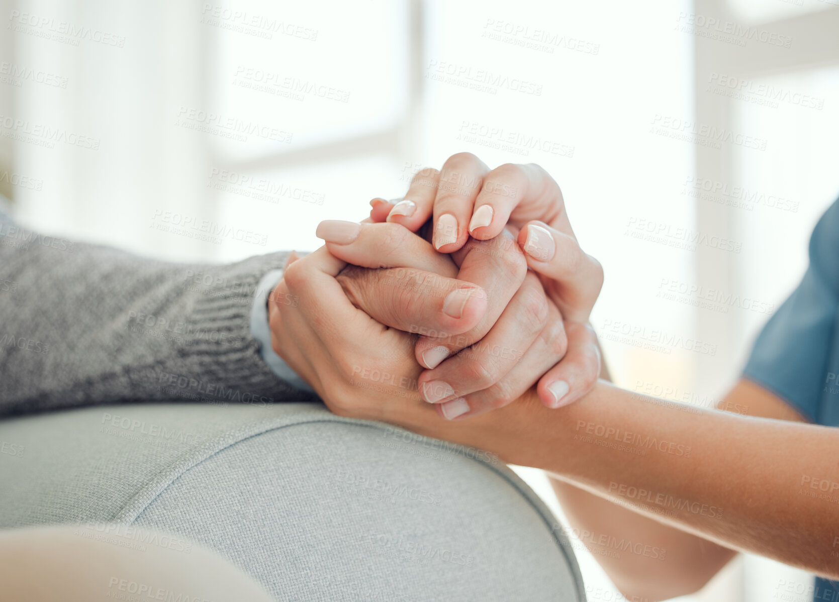 Buy stock photo Nurse, patient and holding hands with care for hard time, understanding or empathy at home. Closeup, caregiver and people with touch, sympathy or insurance for assistance, support or trust at house