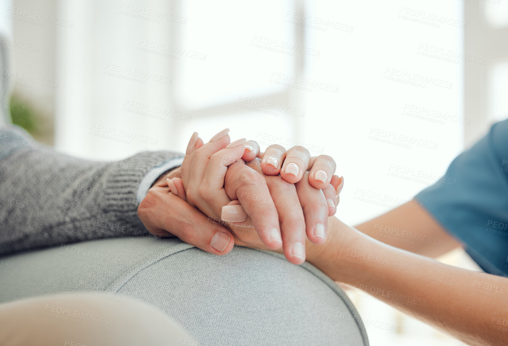 Buy stock photo Nurse, patient and holding hands with trust for hard time, understanding or empathy at home. Closeup, caregiver and people with touch, sympathy or insurance for assistance, support or care at house