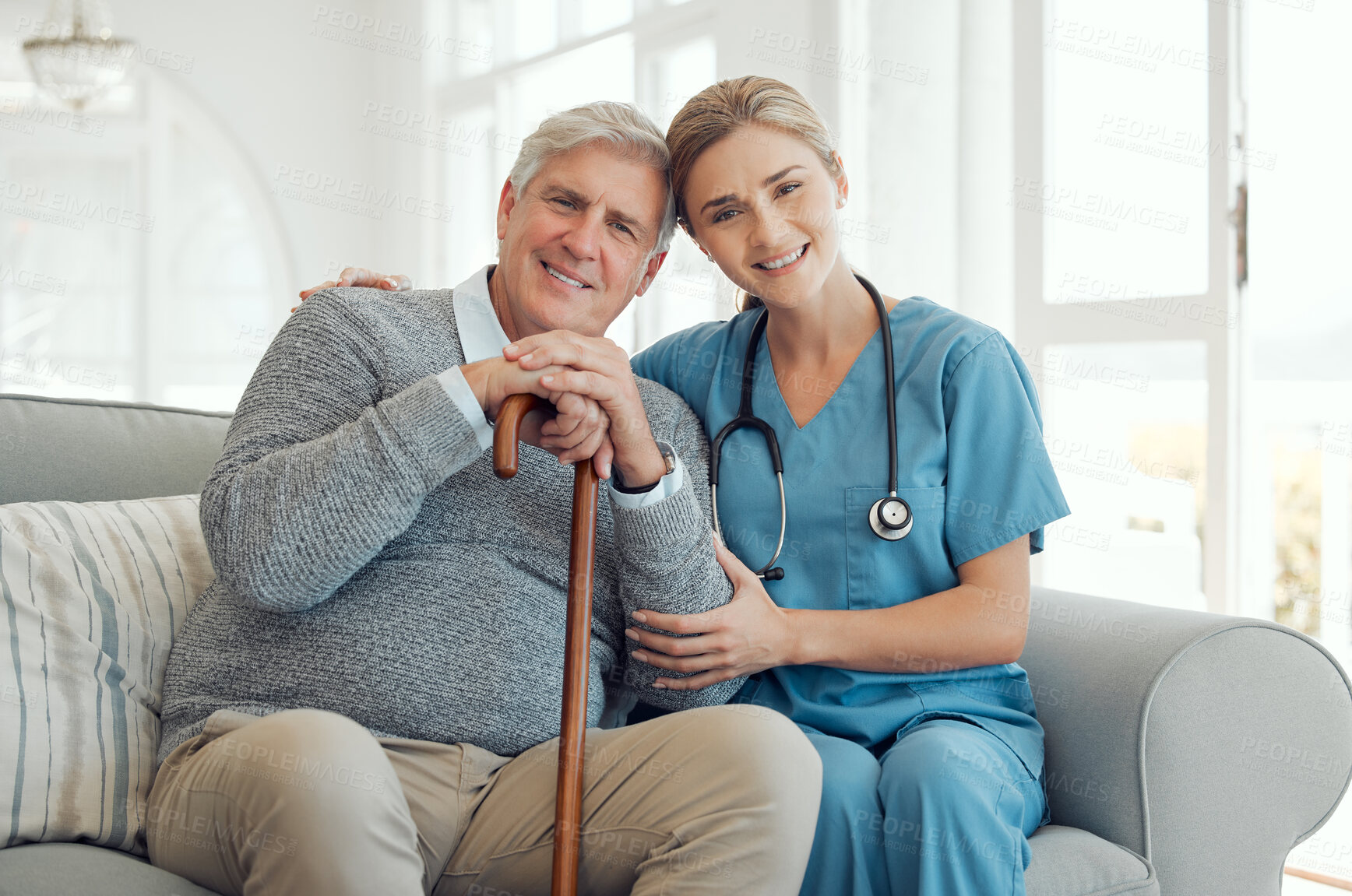 Buy stock photo Shot of a doctor and patient during a checkup at home