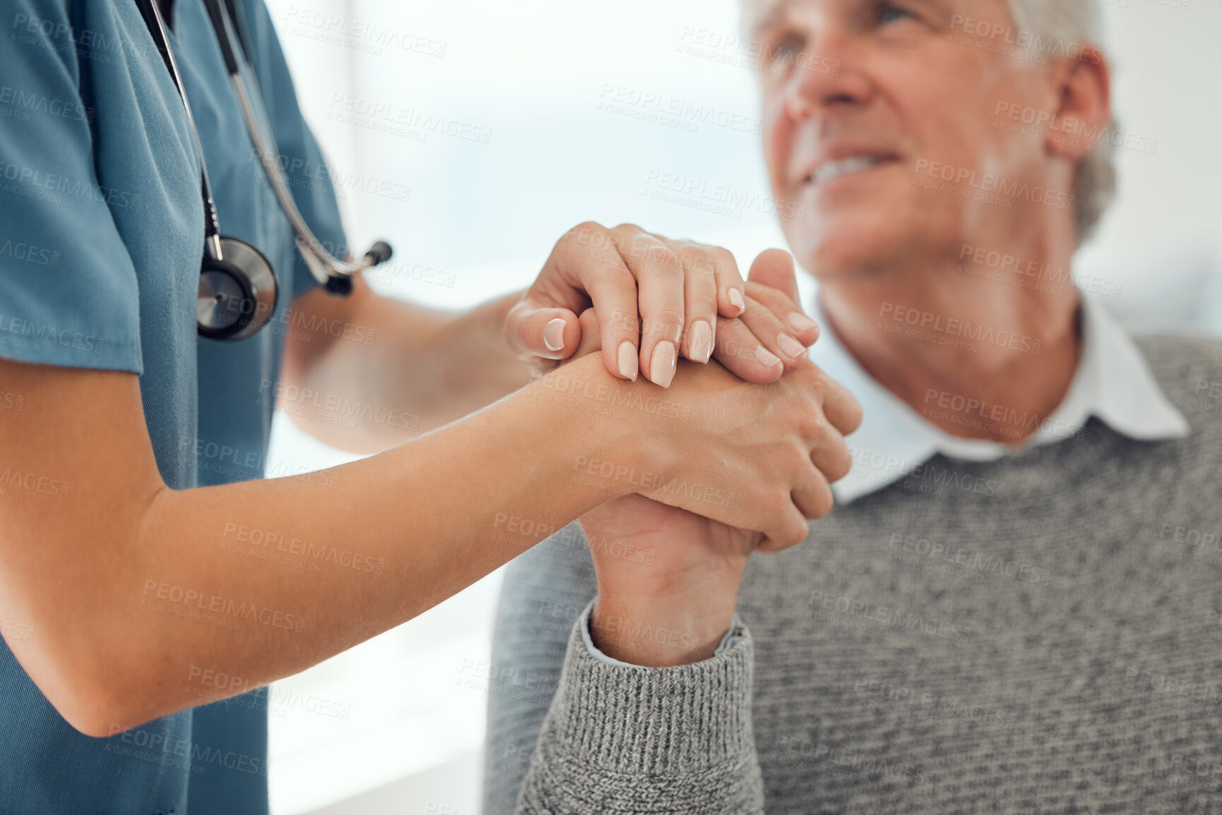 Buy stock photo Cropped shot of an unrecognizable doctor offering their patient support in a hard time