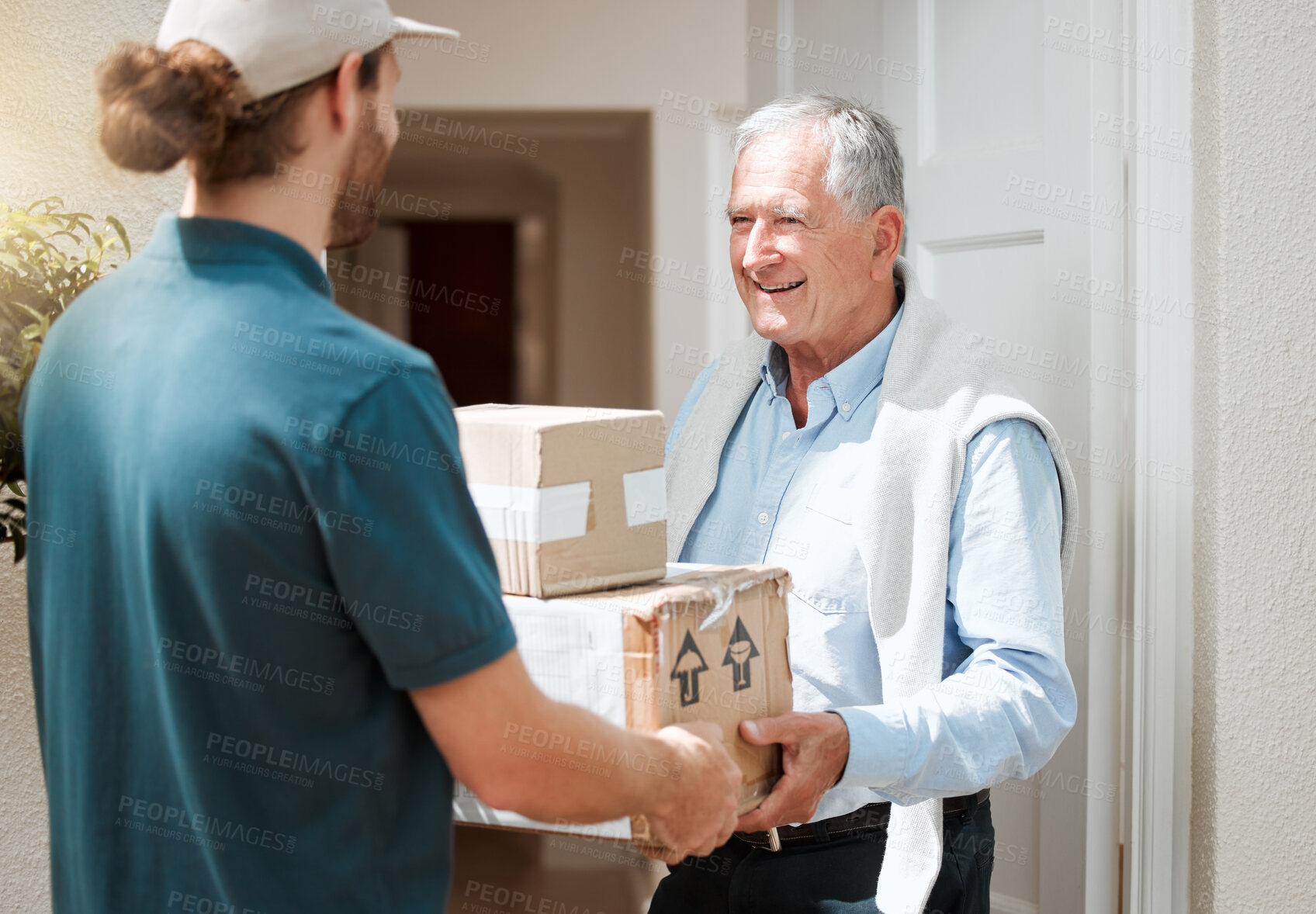 Buy stock photo Delivery man, old person or boxes in home for client, product distribution or front door customer service. Retirement, ecommere order or courier worker with shipping package or goods for senior