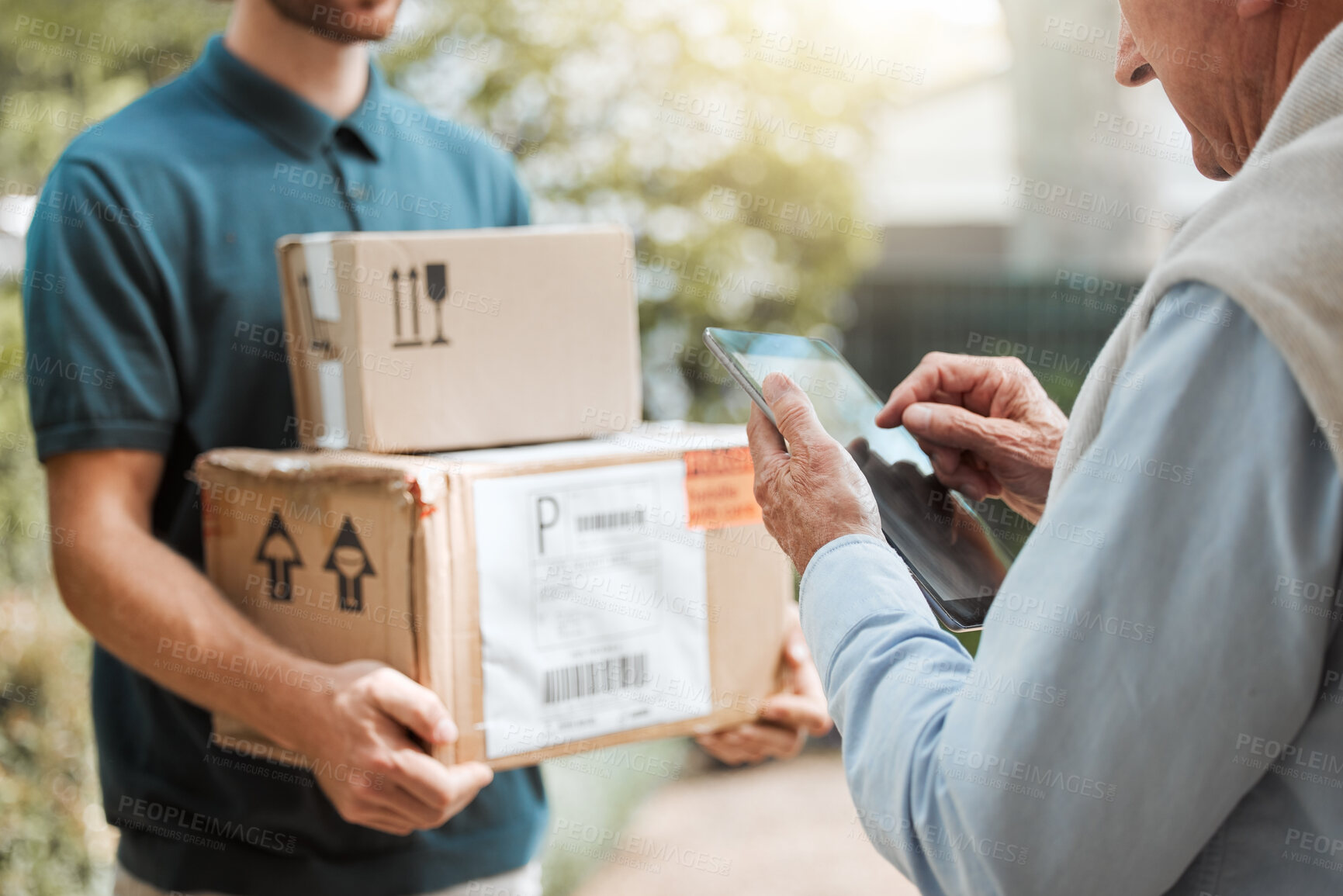 Buy stock photo Delivery man, boxes or hands of customer on tablet in home for digital signature, product distribution or service. Code, ecommere order or courier worker giving shipping package or goods to person