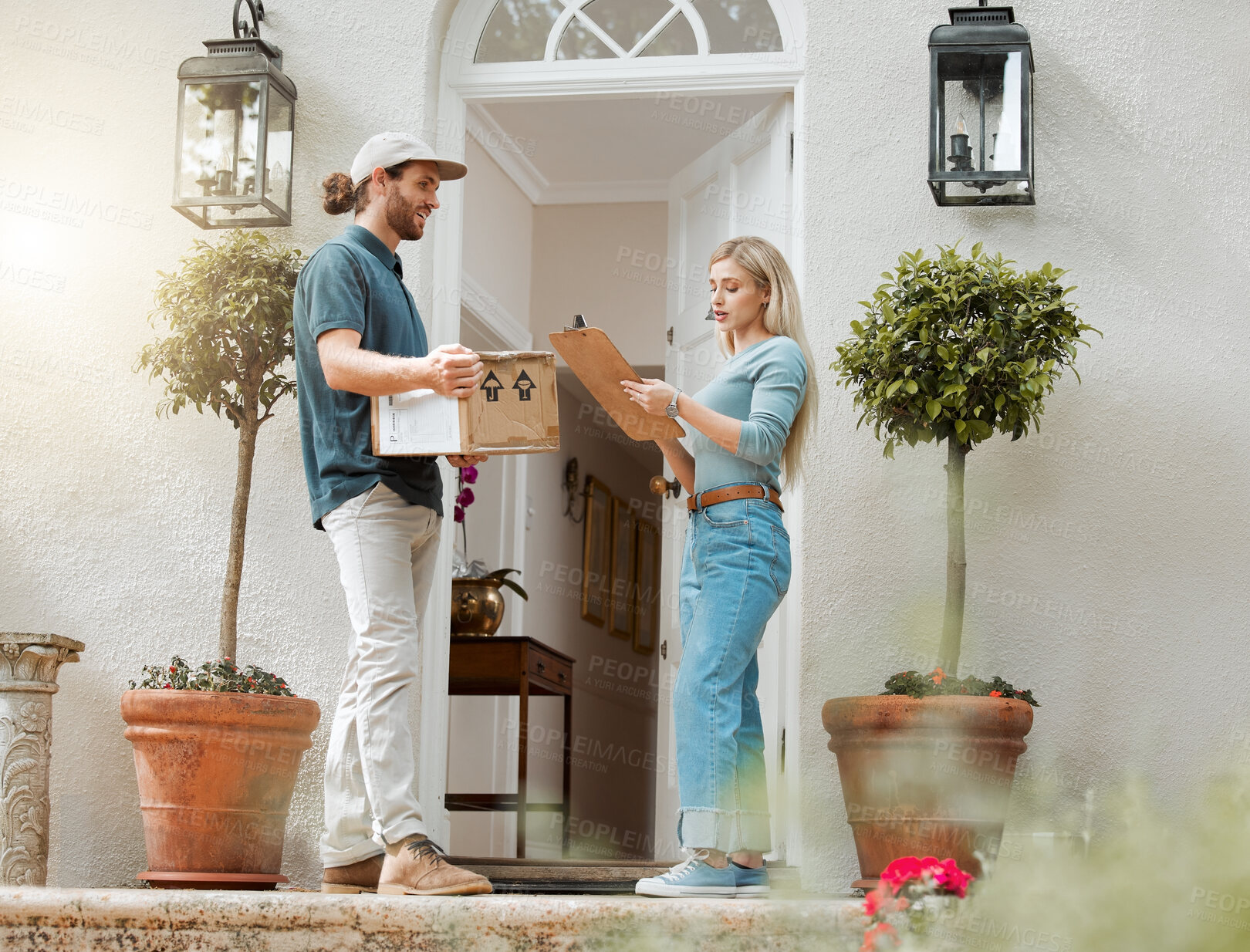 Buy stock photo Delivery man, boxes or signature of girl customer in home for compliance, product distribution or service. Woman, ecommerce order or courier worker giving shipping package or goods to female person