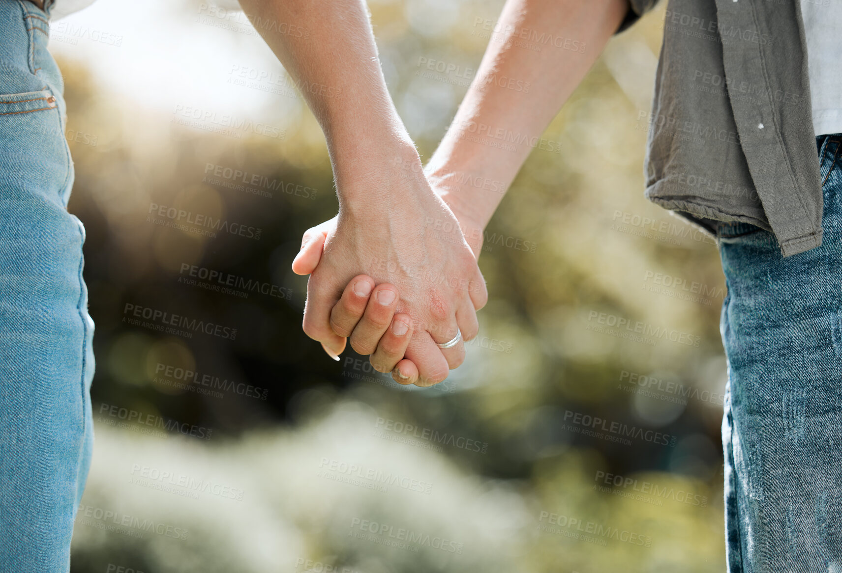 Buy stock photo Couple, outdoor and holding hands in zoom on vacation, holiday or honeymoon at romantic, destination on date. Woman, man and relationship in love or together, memory or travel on trip in Indonesia