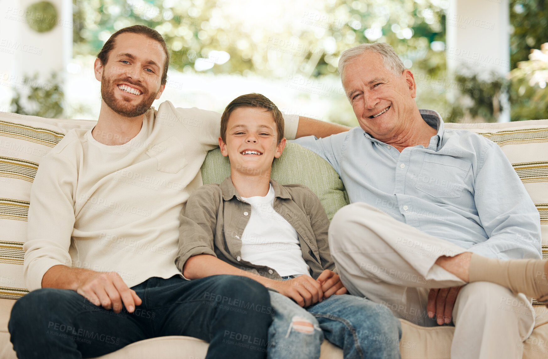 Buy stock photo Portrait, grandfather and happy kid with dad in home for bonding, connection or care. Father, son and boy child with grandparent for love, support or family generations relax together in living room