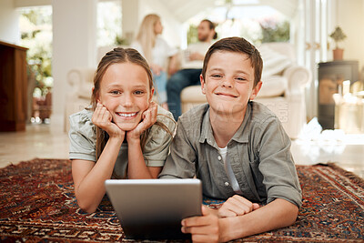 Buy stock photo Relax, siblings or kids on tablet for portrait or streaming online for movies or videos on technology. Family, house or children on touchscreen for learning development or games website in Australia 